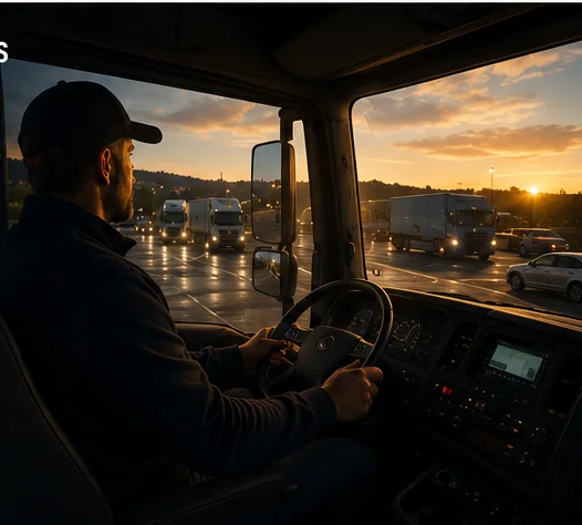 Truck driver resting in the cab at the TruckStop24 yard at sunset