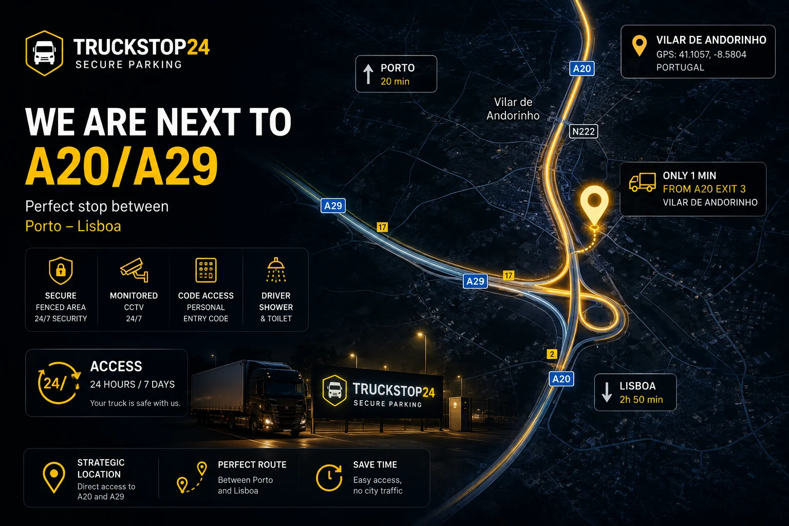 Route map: TruckStop24 is 1 minute from the A20 / A29 at Vilar de Andorinho, between Porto and Lisboa